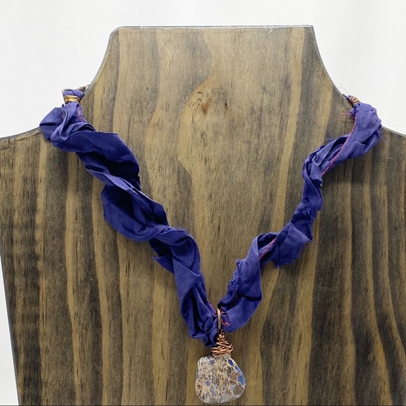 Custom Blue Jasper Stone Silk Ruffle Ribbon Necklace Handcrafted NEW - Picture 2 of 7